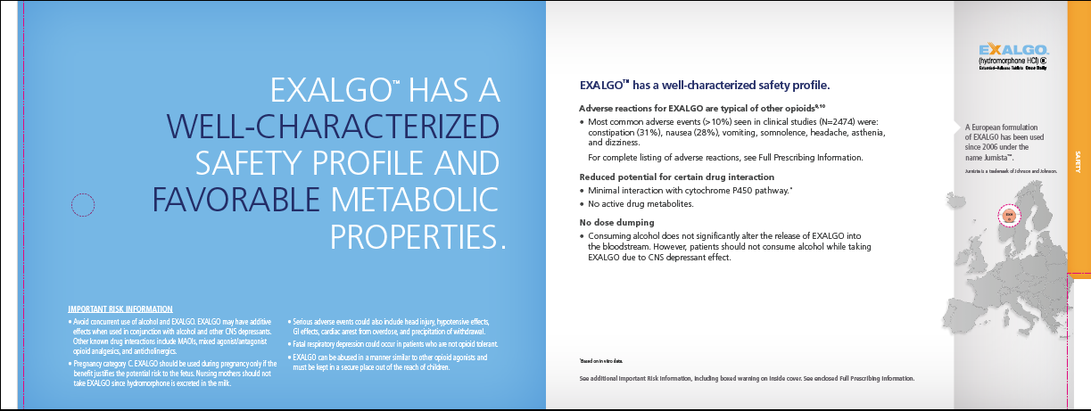 A brochure or flyer for Exalgo a company that has a well-characterized safety profile and favorable metabolic properties. The brochure is divided into two sections. On the left side of the brochure there is a blue background with white text that reads "EXALGO" in bold capital letters. Below the text there are two bullet points that explain the company's safety profile.<br /><br />The first bullet point explains that the company has a Well-Characterized Safety Profile and a favorable Metabolic Properties. The second bullet point provides information about the company and its services. The text also mentions that the safety profile is designed to provide a comprehensive overview of the safety and metabolic properties of the company. The image also shows a map of Europe on the right side showing the country's borders and major cities.