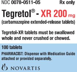 A label for Tegretol - XR 200 mg (carbamazepine extended-release tablets). The label is white with black text and has the brand name "NDC 0078-0511-05" at the top. Below that there is a description of the product which states that the tablets must be swallowed whole and never crushed or chewed. The label also mentions that the product is a pharmacist-dispense with medication guide attached or provided separately. At the bottom of the label there are the Novartis logo.