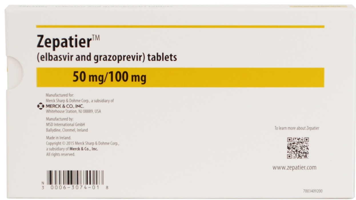 A photograph of a white box of Zepatier tablets. The box is rectangular in shape and has a yellow label on the top left corner. The label has the brand name "Zepatier" written in bold black letters at the top followed by the product name "elbasvir and grazoprevir" in smaller black letters. Below that there is a description of the tablets which reads "50 mg/100 mg". On the right side of the label there are two barcodes one for "www.zepatiers.com" and the other for "to learn more about Zepatier". The label also mentions that the tablets are manufactured by Merck & Co. Inc. and are manufactured in the United States.