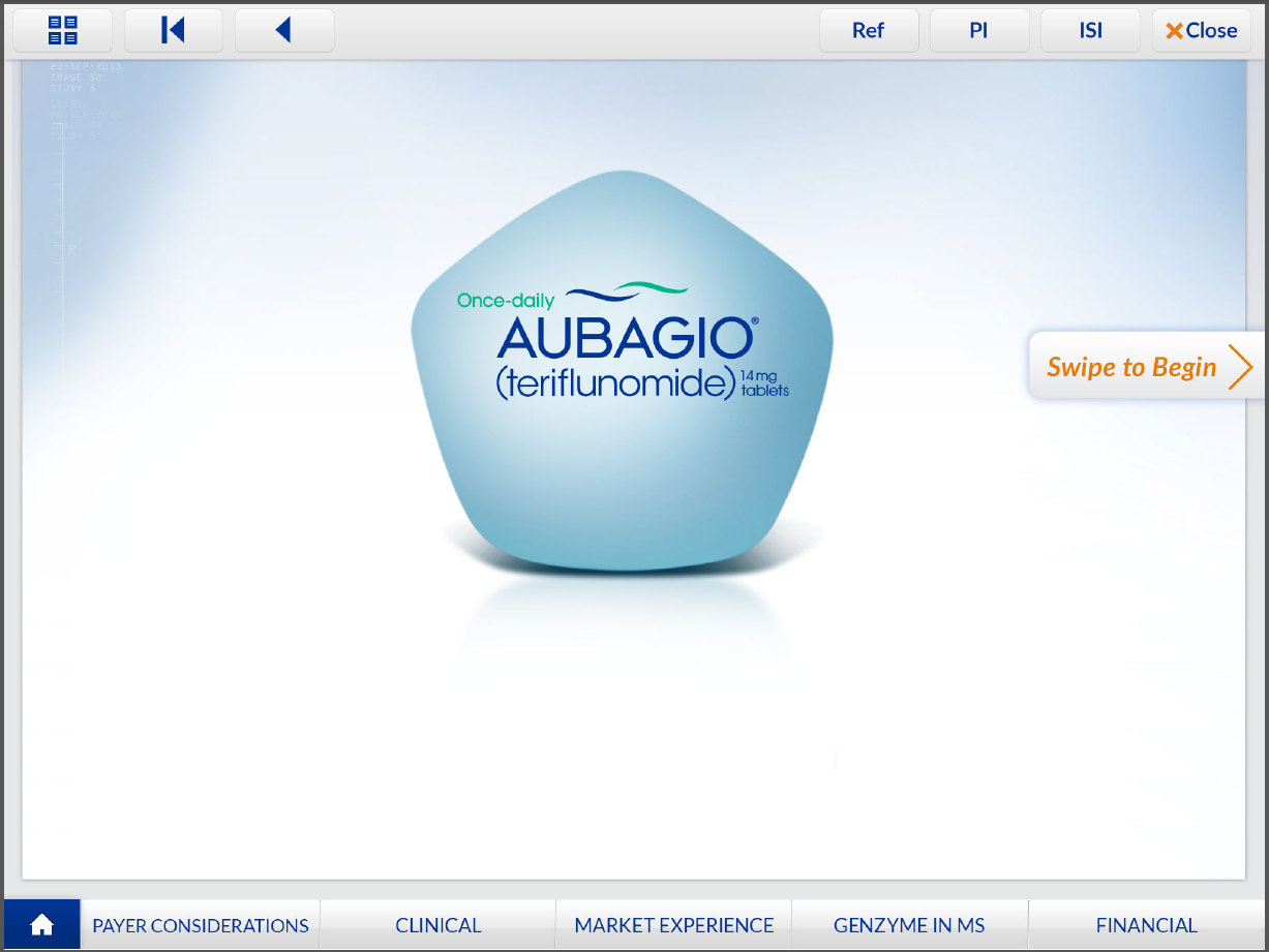 A screenshot of a computer screen with a blue background. In the center of the screen there is a large blue sphere with the logo of AUBAGIO (Aubagio) on it. The logo is a white circle with the company name written in blue and green text. Below the logo there are several options such as "Swipe to Begin" "Payer Considerations" "Clinical" "Market Experience" "Genzyme in MS" and "Financial". On the top right corner of the image there appears to be a menu bar with options like "Ref" "API" "ISI" "Close" and a "Close" button.