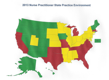 A map of the United States showing the 2013 Nurse Practitioner State Practice Environment. The map is color-coded with each state colored in a different shade of green red yellow and orange. The states are labeled with the names of the states such as "DC" "Nurse Practitioners" and "State Practice." The map also shows the percentage of nurses in each state with the majority of them in red and the majority in yellow. The background of the map is white and there is a green border around the edges.
