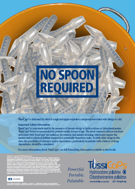 A yellow bucket filled with small plastic syringes. The bucket is placed on a blue background and there is a label on the side of the bucket that reads "No Spoon Required". The label also mentions that the syringe is suitable for use with cough and upper respiratory symptoms associated with allergies or colds. The text on the label reads "TussiCaps" and "Powerful Portable Chlorophenolipolysis Polished".