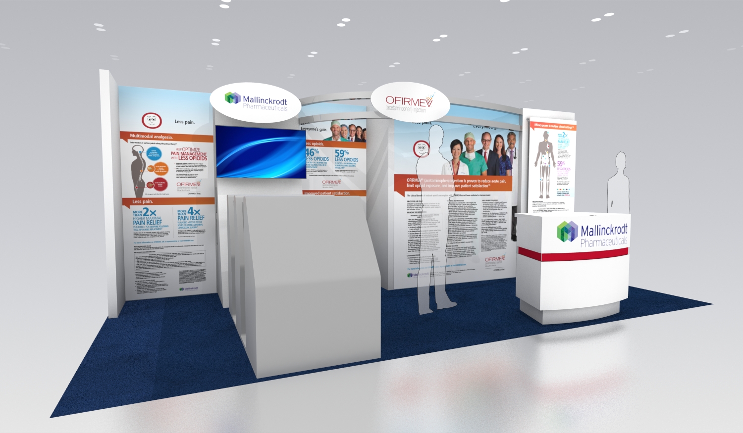 A trade show booth with a blue carpeted floor and white walls. The booth is divided into three sections each with a different design and color scheme. On the left side of the booth there is a large banner with a white background and orange and blue text. The banner has an image of a group of people and a blue wave and on the right side there are two smaller banners with the same text and images.<br /><br />In the center of the image there appears to be a white reception desk with a red and white logo on the front. The desk is positioned in front of a large screen and there are several people standing around it. The background is white and the overall design is modern and professional.