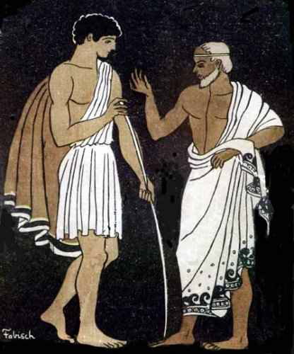 An ancient Greek painting depicting two men. The man on the left is wearing a white robe with black stripes and has short black hair. He is holding a staff in his right hand and appears to be explaining something to the other man who is standing in front of him with a serious expression on his face.<br /><br />The background of the painting is black and the figures are drawn in a traditional Greek style. The figures are dressed in white robes with intricate patterns and designs. The woman on the right is also wearing a long white robe and has a white headscarf. She is also holding a scroll in her left hand. Both figures appear to be engaged in a conversation with the woman gesturing with her hand as if she is explaining something.