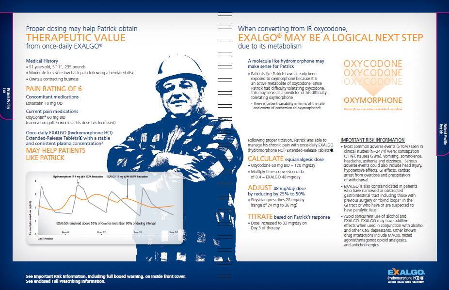 An infographic that explains the benefits of using Exalgo. It has a blue background with white text. On the left side of the image there is a photo of a man wearing a hard hat and a striped shirt. He is standing with his arms crossed and has a serious expression on his face. <br /><br />On the right side there are three bullet points that explain the benefits. The first bullet point explains that proper dosing may help Patrick obtain therapeutic value from one-day EXALGO®. The second bullet point mentions that when converting from IR oxycodone it may be a logical next step due to its metabolism. The third bullet point discusses the pain rating of 6 and how it can help patients like Patrick.<br /><br />The infographic also includes a line graph that shows the relationship between pain and oxygen levels. The line graph shows that pain is higher than oxygen levels and that it can be adjusted to adjust the pressure of the oxygen levels in the patient's body. The infographic also has a title at the top that reads "Exalgo" and a logo at the bottom that says "Important Information".