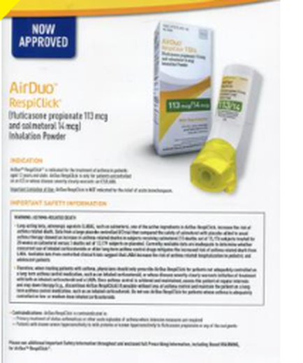 An advertisement for AirDuo RespiClick a medication used to treat asthma. The advertisement features a white background with a blue and yellow logo on the top left corner. On the right side of the image there is a picture of the product which is a tube of the same medication. The tube is white with a yellow cap and has a label that reads "AirDuo RespiClick" in bold black letters. Below the tube there are instructions on how to use the medication including the ingredients dosage and safety information. The text on the advertisement explains that the product is a fluorocarbonate propitiate 113 mg and solutioingenieria K-2mg inhalation powder. The product is available for purchase online.