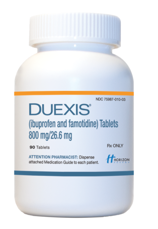 Of a white plastic bottle with a blue label. The label has the brand name "DUEXIS" written in bold black letters at the top followed by the product name "ibuprofen and famotidine" in smaller black letters. Below that there is a description of the product which states that it is 800 mg/26.6 mg and 90 tablets. The bottle has a white cap and is attached to a prescription label that reads "Attention Pharmacist: Dispense attached medication guide to each patient." The label also mentions that the product is available for purchase online.