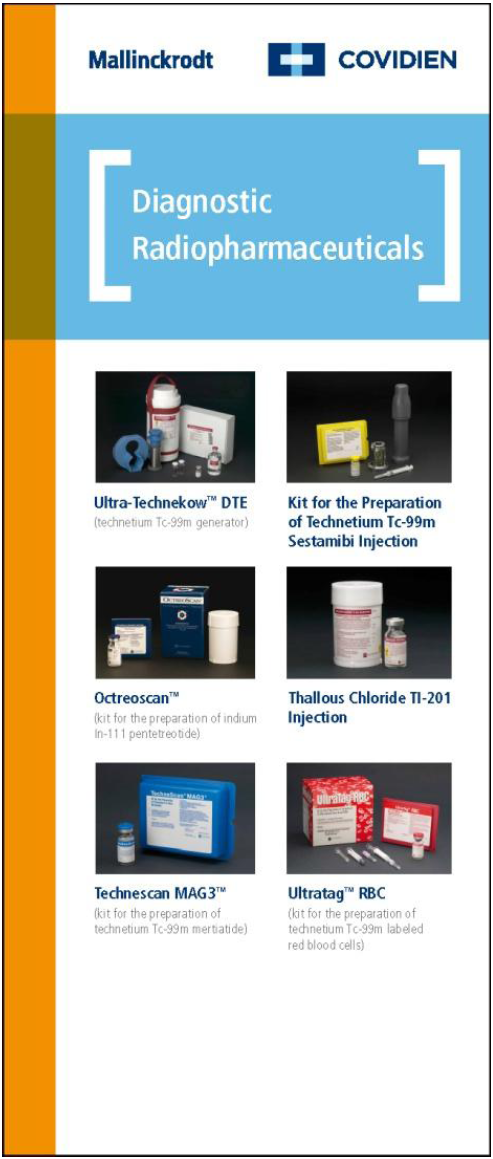 An infographic titled "Diagnostic Radiopharmaceuticals" by Mallinckrodt and Covidien. It has a blue background with white text. The title of the infographic is written in large bold letters at the top of the page. Below the title there is a list of diagnostic radiopharmaceuticals products including Ultra-Technekow® DTE Ultra-Technekow™ DTE (ultra-Technekow™ dte) and Thallous Chloride TI-201 injection. <br /><br />The products are arranged in a grid-like pattern with each product represented by a different color. The first product is a white box with a blue label the second is a blue container with a red label and the third is a yellow container with white labels. The fourth is a red box with the words "Ultratag® RBC" written on it.<br /><br />There are also several other products listed below the title. The products are labeled with their respective names and descriptions.