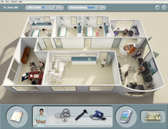 A 3D rendering of a hospital room. The room is divided into two sections with the left side showing the interior of the room and the right side showing a medical examination room. <br /><br />The room has a large window on the left wall which allows natural light to enter the space. There are several medical equipment scattered throughout the room including a bed a desk a chair and a computer monitor. The bed is covered with a white sheet and there is a desk with a computer and a chair in front of it. The desk is also covered with medical equipment including stethoscopes a stethoscope and other medical equipment.<br /><br />There are several people in the room gathered around the bed some sitting and some standing and they appear to be engaged in a conversation. There is also a person wearing a blue shirt and holding a clipboard suggesting that they are a doctor or a medical professional. The image also has a menu bar at the top with options such as File View Control Help and Help.