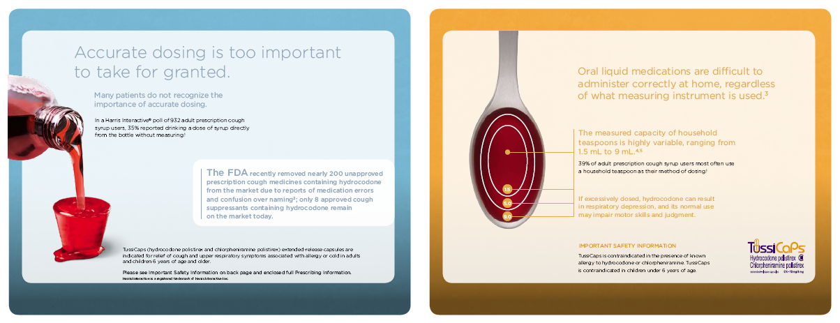 Divided into two sections. On the left side there is a blue background with white text that reads "Accurate dosing is too important to take for granted." Below the text there are two illustrations of a red liquid being poured from a bottle into a red cup. The text explains that oral liquid medications are difficult to administer correctly at home regardless of what measuring instrument is used.<br /><br />On the right side of the image there has an illustration of a spoon with a red circle on it. The spoon is placed on a beige background. The illustration is accompanied by text that explains that the FDA (FDA) is responsible for ensuring that the liquid is properly distributed and that it is not recommended for use in the home.