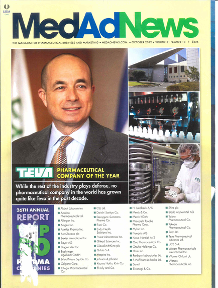 The cover of a magazine titled "MedAdNews". The cover features a photo of a man in a suit and tie on the left side. He is smiling and looking directly at the camera. On the right side of the cover there is a collage of three images. The first image is a close-up of a laboratory with a microscope and other scientific equipment. The second image is an image of a person wearing a white lab coat and a face mask. The third image is of a group of people working in a laboratory. The text on the cover reads "tea Pharmaceutical Company of the Year" and "While the rest of the industry plays defense no pharmaceutical company in the world has grown". The magazine's logo is also visible in the bottom left corner.