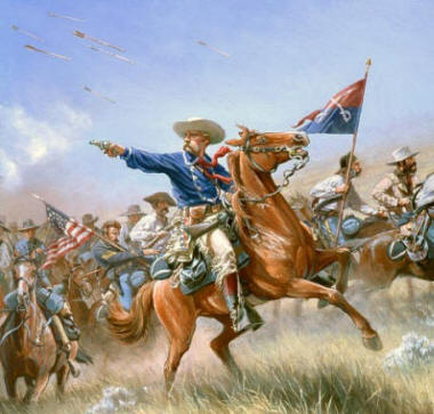 A painting of a group of men on horseback engaged in a battle. The man in the center of the image is on a brown horse holding a Confederate flag and pointing it towards the right side of the frame. He is wearing a blue shirt white pants and a white cowboy hat. Behind him there are several other men on horses some of whom are holding American flags. The background is a field of tall grass and wildflowers and there are a few kites flying in the sky. The sky is blue and the overall mood of the painting is tense and action-packed.