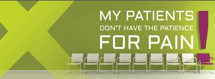 A graphic design with a green background and white text that reads "My patients don't have the patience for pain". The text is in a bold sans-serif font and is centered on the image. Below the text there is a row of white chairs arranged in a semi-circle with a pink chair on the right side. The chairs are facing towards the left side of the image and the background is a gradient of green and purple. The overall design is simple and minimalistic.