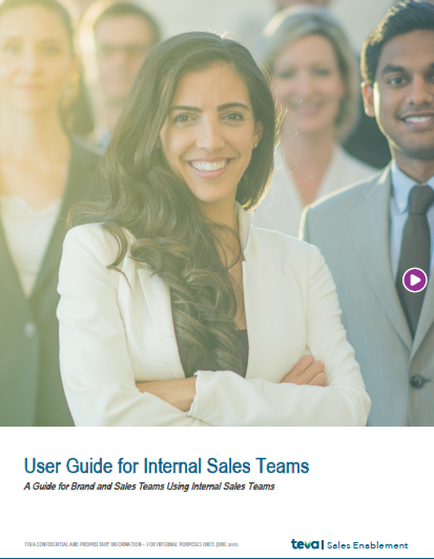 A cover page of a user guide for internal sales teams. It features a group of business people standing in a line with their arms crossed. In the center of the image there is a young woman with long dark hair wearing a white blazer and smiling at the camera. Behind her there are two men and two women all dressed in formal business attire. The background is blurred but it appears to be an office setting. The title of the guide is written in bold black text at the top of the page.