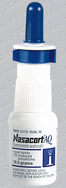 Of a white plastic dropper bottle with a blue cap. The bottle is labeled "Nasacort AQ" and has a label that reads "NDC 0075-1506-16". The label also mentions that the bottle contains 16.5 grams of nasal spray. The dropper is used to dispense the spray.