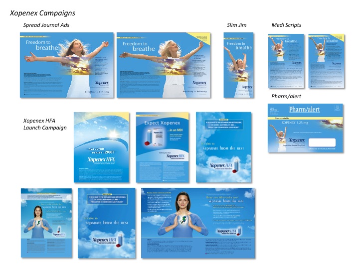 A collection of brochures and flyers for a drug called Xopenex. The brochures are arranged in a grid-like pattern with each brochure having a different design and color scheme. <br /><br />The first brochure on the top left has a blue background with the company's logo and the words "Spread Journal Ads" in white text. Below the logo there is an image of a woman with her arms stretched out in the air with the text "Freedom to breathe" above her head. The second brochure in the center has a yellow background with a blue and white image of the company logo. The third brochure has a white background with blue text that reads "Slim Jim" and "Medi Scripts". The fourth brochure is titled "Pharmacy Alert" and has a picture of a pharmacist on the right side.<br /><br />There are also several smaller brochures scattered throughout the image each with a different color scheme and design. Some of the brochures have images of the pharmacist and text that describe the company and its products. The overall design is modern and eye-catching with a focus on health and wellness.