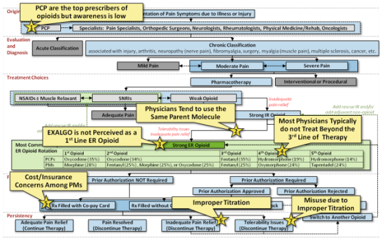 A flowchart that explains the top prescribers of opioids but awareness is low. It is divided into three sections.<br /><br />The first section is titled "PCP" and it explains that the PCP is the top prescription of opioids. It states that the prescription is not perceived as a "1st Line ER Opioid" and that it is not recommended as a 1st line ER opioid. The second section is labeled "Physicians tend to use the same parent molecule" and explains that most physicians typically do not treat beyond the 3rd line of therapy. The third section is labeled "Cost/Insurance Concerns Among PMS" and lists the cost/insurance concerns among PMS. The flowchart also mentions that the treatment options for the prescription are not included in the prescription.<br />- The chart has a yellow background and black text. There are several yellow stars scattered throughout the flowchart indicating the different types of prescription options available. The text is written in a clear and concise manner making it easy to read and understand.