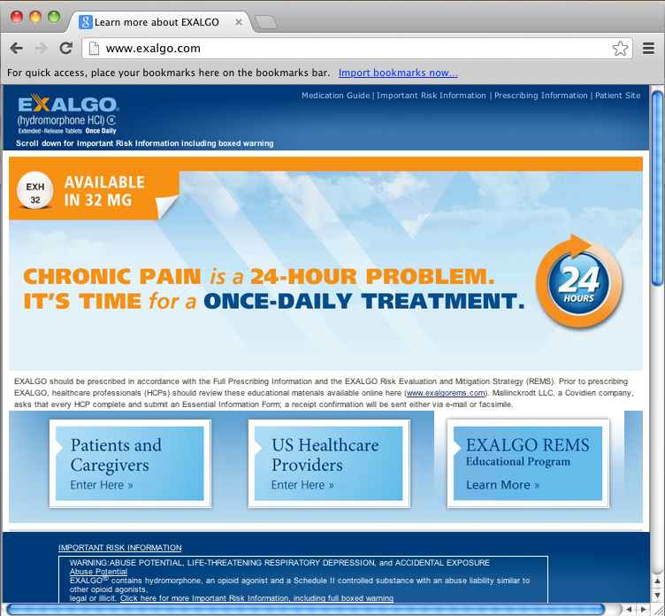 A screenshot of a webpage from the website Exalgo.com. The webpage is titled "Chronic Pain is a 24-hour problem. It's time for a once-daily treatment." The page has a blue background with white text. At the top of the page there is a banner that reads "Available in 32 mg" and below it there are two buttons - "Patients and Caregivers" and "US Healthcare Providers". <br /><br />On the right side of the image there has an orange banner with the text "24 Hours" and an image of a blue sky with white clouds. Below the banner it says "Exalgo Rems Educational Program" and on the left side it states that the website is available for 24 hours.<br /><br />At the bottom of the webpage it has a white header with the company's logo and contact information. There is also a link to the website's website for more information.