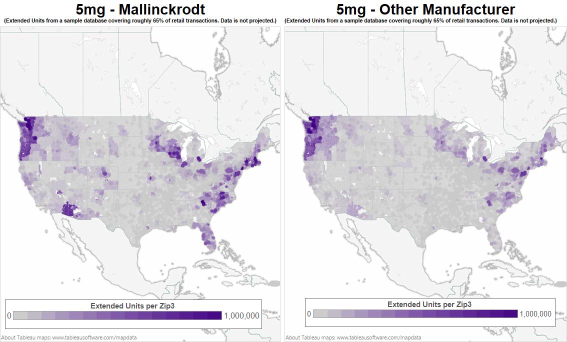 Two maps of North America with a focus on the United States of America. It shows the borders of each county. Each county is filled in with different shades on a gradient from grey to purple. The map on the left is titled "5mg - Mallinckrodt" and the map on the right is titled "5mg - Other Manufacturers". Under each title there is a disclaimer that reads "(Extended Units from a sample database covering roughly 65% of retail transactions. Data is not projected.)" A key shows that the color represents extended units per Zip3 with grey indicating 0 units and the darkest color purple indicating up to 1000000 units. A footer on the map indicates that the graphic was created in Tableau. 