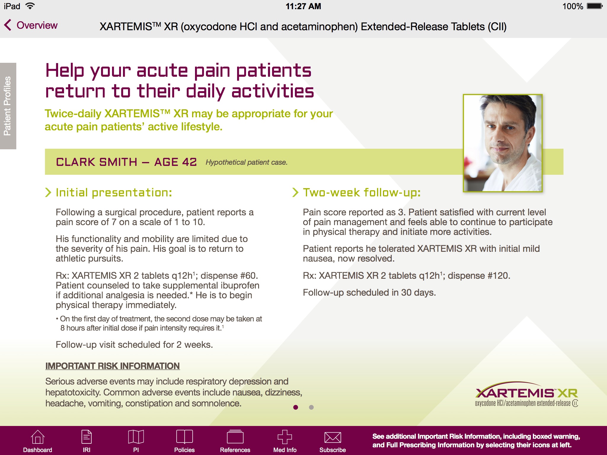 A screenshot of a webpage from the XARTEMIS XR website. The webpage is titled "Help your acute pain patients return to their daily activities". The page has a white background with a pink header and footer. On the right side of the page there is a photo of a man with dark hair and a white shirt. He is looking directly at the camera with a serious expression on his face. <br /><br />Below the photo there are two bullet points that explain the purpose of the webpage. The first bullet point reads "Clark Smith - Age 42" and the second bullet point says "Two-week follow-up". The text below the photo explains that the webpage provides information about the treatment of acute pain and how it can be used to improve the overall health of the patient.<br /><br />At the bottom of the image there has a navigation bar with various options such as "Home" "About" "Settings" and "About Us". There is also a link to a website for more information on the website.