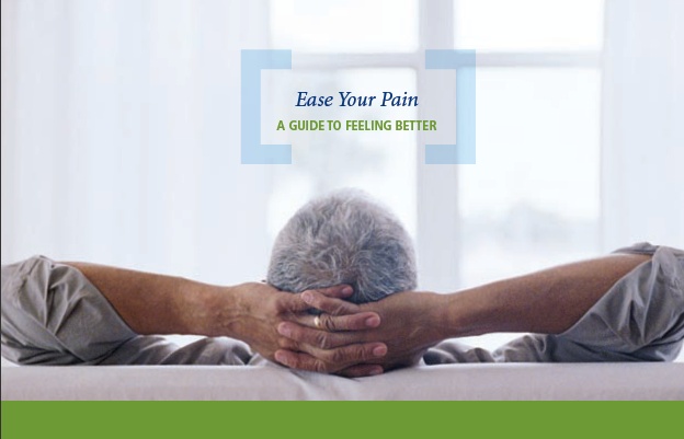 An elderly man lying on his back on a bed with his head resting on his hands. He appears to be in pain or discomfort. The background is blurred but it seems to be a room with a window and a white curtain. The image is accompanied by text that reads "Ease Your Pain: A Guide to Feeling Better".