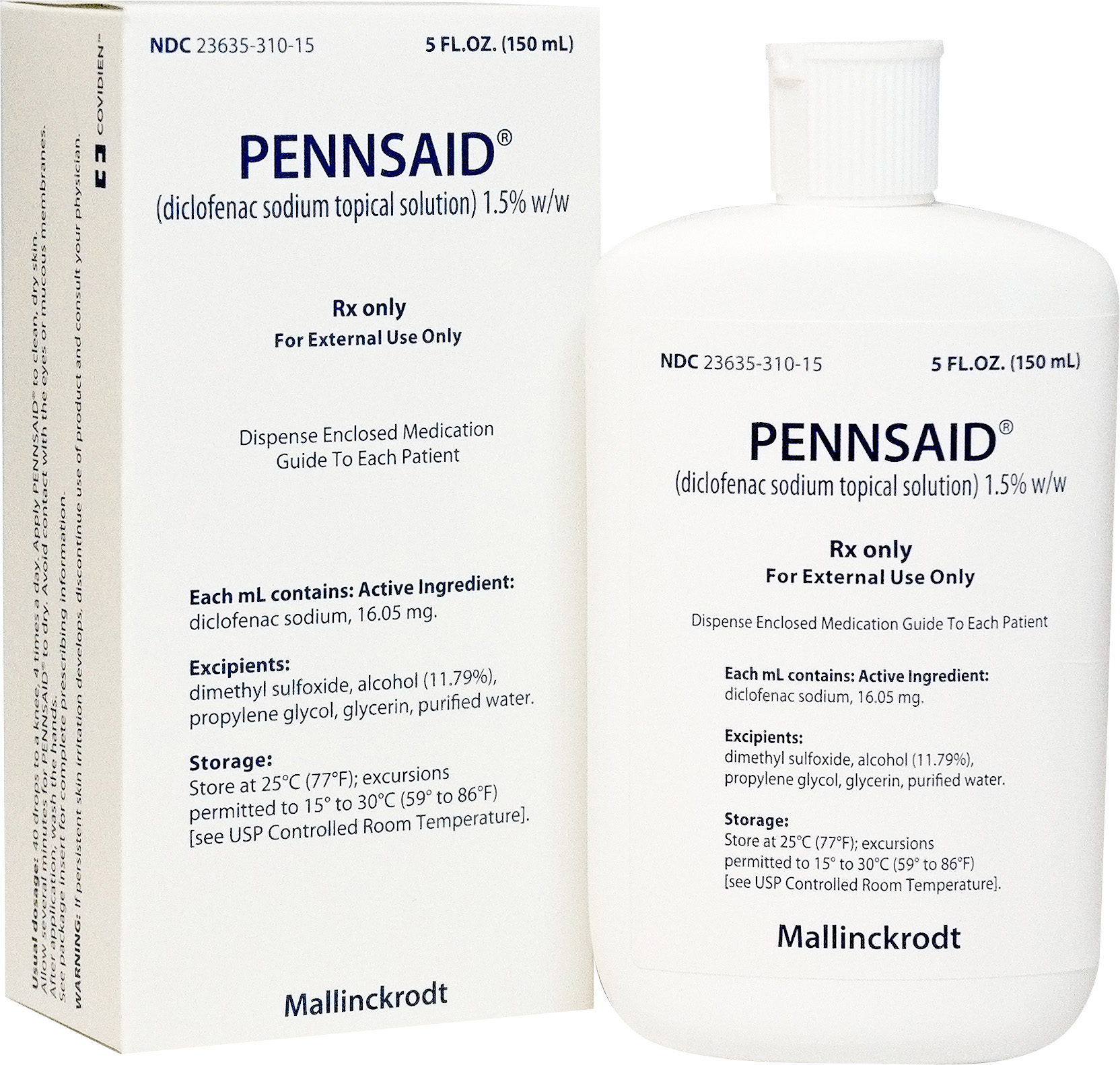 A white box and a white bottle of Pennsaid medication. The box is rectangular in shape and has the brand name "Pennsaid" written in bold black letters at the top. The bottle is cylindrical in shape with a white cap and a label that reads "Rx only for external use only". The label also mentions that the medication contains active ingredients such as diclofenac sodium topical solution 1.5% w/w and 5 fl. oz. (150 ml). The box also has a description of the product which states that it is a dispenser enclosed medication guide to each patient. The background of the image is plain white.