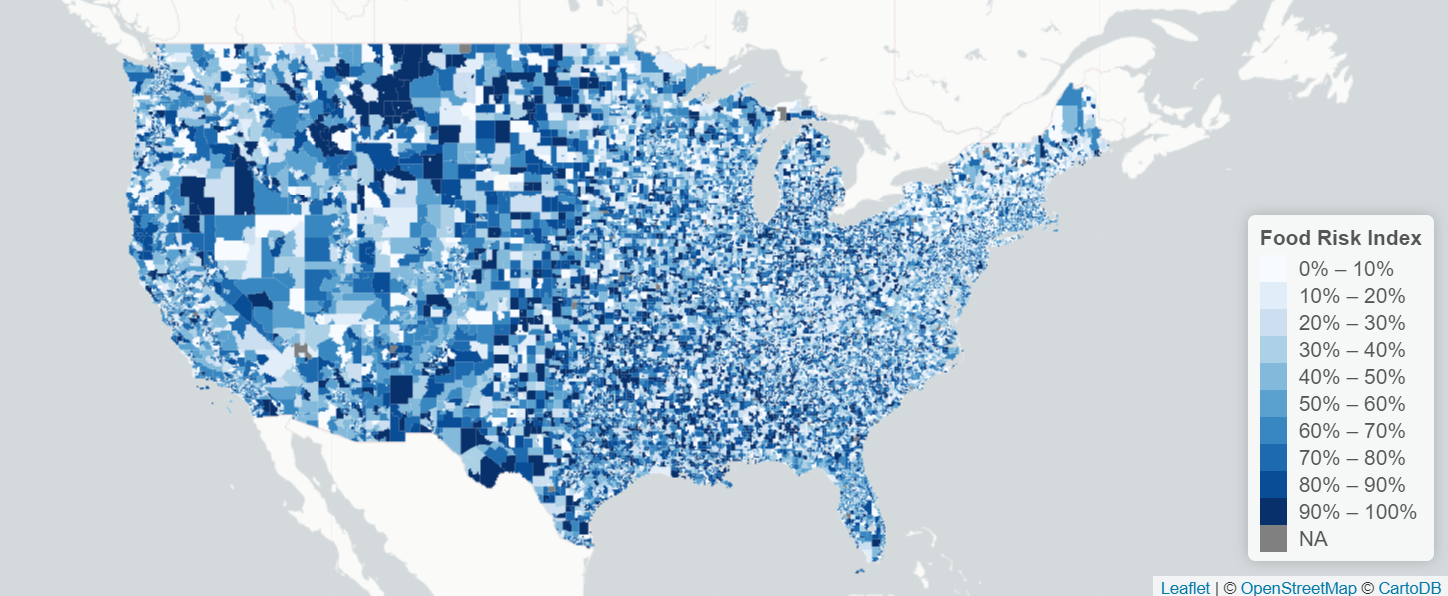 A map of the United States. Each county is filled in with a color on a gradient from white to dark blue.  A key shows that the different shades of color indicate food risk index with white being 0-10% and the darkest shade of blue being 90-100%.