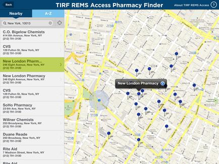 A screenshot of a map of a city with blue pins scattered across it. The map is titled "tire REMS Access Pharmacy Finder" and shows the location of New London Pharmacy in New York City. On the left side of the map there is a list of nearby pharmacies including CVS SoHo Pharmacy killer Chemists Duane Reade Rite Aid and Rite Aid. The list is displayed on a white background with black text.
