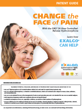 An advertisement for a patient guide on how to change the face of pain. The background is white and the text is in orange and blue. On the left side of the image there is a photo of a woman with shoulder-length blonde hair wearing an orange shirt. She is smiling and looking up at the sky with her hand on her chin as if she is deep in thought. The text on the image reads "Change the Face of Pain" and "With the only 24-hour controlled release hydromorphone. Learn how EXALGO® can help." On the right side there are logos for Exalgo. At the bottom of the advertisement there has a brief description of the product and its benefits.