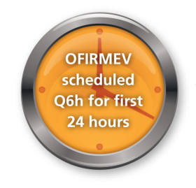 A circular clock with an orange background and a silver rim. In the center of the clock there is a text that reads "OFIRMEV scheduled Q6h for first 24 hours". The text is written in white and is in a bold sans-serif font. The clock appears to be showing the time as 24 hours.