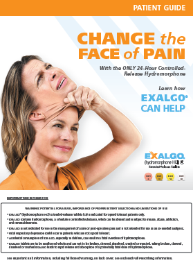 An advertisement for a patient guide on how to change the face of pain. The background is white and the text is in orange and black. On the left side of the image there is a photo of a woman with shoulder-length blonde hair wearing an orange shirt. She is smiling and looking up at the sky with her hand on her chin as if she is deep in thought. The text on the image reads "Change the Face of Pain" and "With the only 24-hour controlled release hydromorphone". On the right side there are logos for Exalgo a drug for pain relief. At the bottom of the advertisement it says "Learn how EXALGO can help".