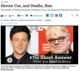 A screenshot of a news article from the U.S. News. The headline reads "Heroin Use and Deaths Rise: The death of Philip Seymour Hoffman from an Apparent Heroin Overdose". Below the headline there is a photo of two men one on the left side of the image and the other on the right side. The man in the photo is wearing a black suit and tie and is looking directly at the camera with a serious expression. The text below the photo reads "#The Short Answer: What you need to know".