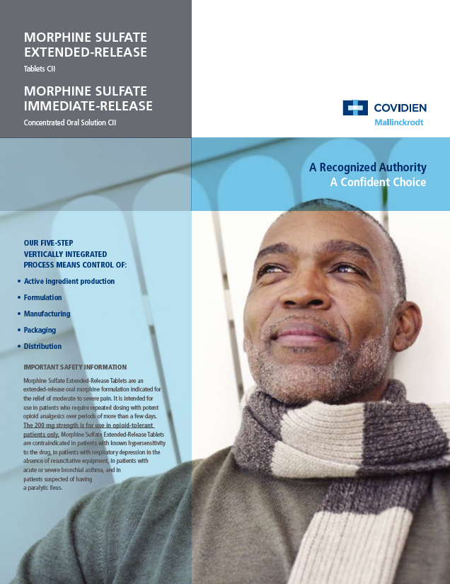 A cover page of a brochure or report titled "Morphine Sulfate Extended-Release". The cover page has a blue background with white text. On the left side of the page there is a photo of a man with a beard and mustache wearing a gray sweater and a gray scarf. He is looking up towards the sky with a smile on his face. The text on the page reads "A Recognized Authority: A Confident Choice". On the right side there are three bullet points that explain the benefits of the product. The first bullet point states that the product is a five-step process-integrated process that helps to reduce the appearance of wrinkles and fine lines on the skin. The second bullet point mentions that it is an important safety information for the product and the third bullet point emphasizes the importance of safety information.