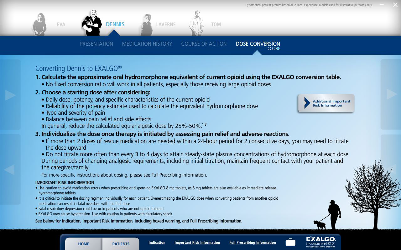 A screenshot of a presentation slide from a website called "Converting Dennis to EXALGO". The slide is titled "Dose Conversion" and has a blue background with white text. At the top of the slide there is a title that reads "Presentation: Medication History: Course of Action: Dose Conversion". Below the title there are three bullet points that explain the process of converting Dennis to EXALGO.<br /><br />The first bullet point explains that Dennis is an approximate oral hydromorphone equivalent of current opioid use using the EXALGO conversion table. The second bullet point discusses the steps involved in the conversion process. The third bullet point mentions that Dennis can be used to calculate the percentage of patients who have been diagnosed with the condition. The fourth bullet point outlines the steps to take in order to determine if Dennis is eligible for the treatment. The fifth bullet point provides information about the treatment including the date time and location of the treatment and the potential risks associated with it. The sixth bullet point emphasizes the importance of taking the necessary steps to ensure that Dennis meets the patient's health and safety.