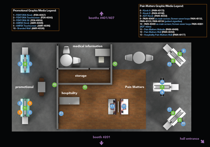 A floor plan of a medical facility. It shows the layout of the facility including the reception area medical information storage hospitality and hall entrance. The floor plan is divided into two sections with the left section showing the reception desk and the right section showing a reception area. The reception desk is located in the center of the room with a large window above it. The medical information section is located on the left side of the image and the storage section is on the right side. There are several icons scattered throughout the floor plan including a banner that reads "Promotional Graphic/Media Legend" and a list of different types of graphics and media legends. The icons are arranged in a grid-like pattern with each icon representing a different type of graphic or media legend. The colors used in the image are blue green and yellow and there is a purple arrow pointing to the "booth #201" icon indicating that the image is from a website or app.