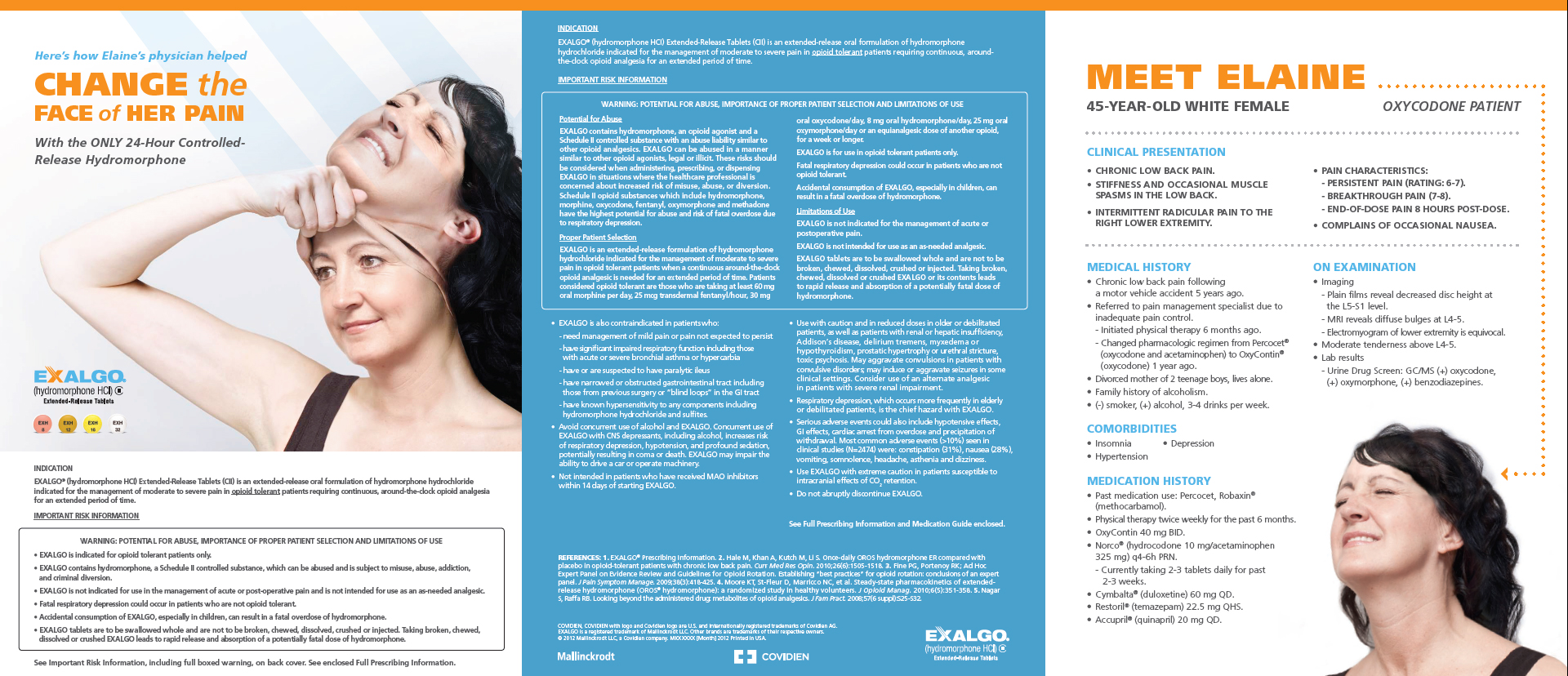 A brochure or flyer for a clinic called "Change the Face of Her Pain". The brochure is divided into two sections. On the left side there is a photo of a woman with her eyes closed and her head tilted back smiling. She appears to be in pain or discomfort. The text on the right side of the brochure reads "Meet Elaine" and provides information about the clinic's services.<br /><br />The brochure has a blue background with white text. The title of the clinic is written in bold letters at the top followed by a brief description of the services offered by the clinic. Below the description there are two bullet points that explain the clinic and its services. The first bullet point explains that the clinic offers a range of treatments for her face and neck pain while the second bullet point provides information on how to treat it. The woman in the photo is wearing a black tank top and has shoulder-length dark hair. She is looking up at the sky with a peaceful expression on her face.