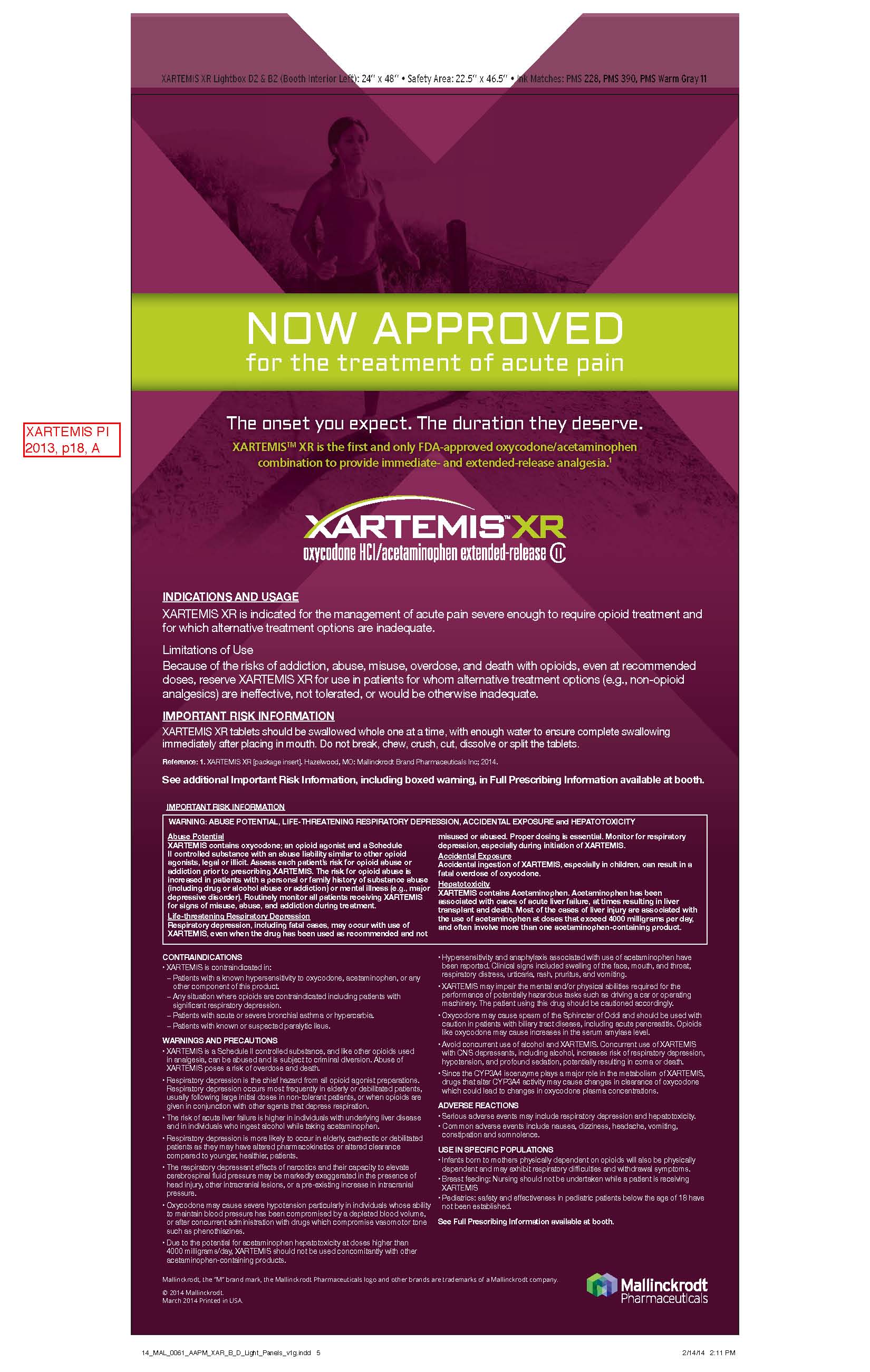 A brochure or flyer for a company called Xartemis XR. The background of the brochure is a gradient of pink and purple with the company's logo in the top left corner. The logo is a stylized image of a person with their arms outstretched and the text "Now Approved for the treatment of acute pain" is written in bold white letters at the top. Below the logo there is a list of information about the company including the company name contact information and a brief description of the product. The text is in a modern sans-serif font and is centered on the page. The overall design is simple and professional with a clean and clean layout.