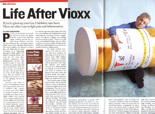 A newspaper article titled "Life After Vioxx". The article is divided into two sections. On the left side of the page there is a headline that reads "If you've given up your Co2 inhibitor take heart. There are other ways to fight pain and inflammation." Below the headline there are two smaller headlines that read "Less Pain Less Risk". <br /><br />On the right side the article is about a man lying on top of a large prescription bottle. The man is wearing a blue shirt and appears to be in pain or discomfort. He is leaning over the bottle with his head resting on the side. The background is white and the text is black.