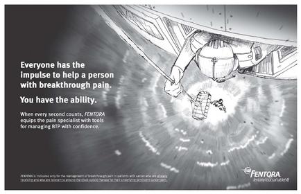 A black and white illustration of a person's hand holding a small object which appears to be a parachute with the text "Everyone has the impulse to help a person with breakthrough pain. You have the ability. When every second counts mentor equips the pain specialist with tools for managing BTP with confidence." The text is written in a bold sans-serif font and is centered on the image. The background is a dark cloudy sky. The overall tone of the image is somber and reflective.