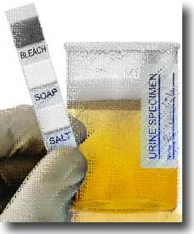 A hand wearing a white medical safety glove and holding a test tube with a white cap. The test tube has three labels: "Bleach" "Soap" and "Salt". In the background there is a beaker of yellow liquid labeled "urine specimen".