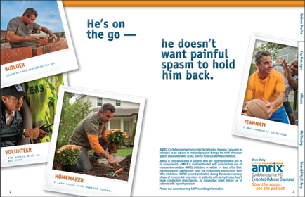 A collage of four photos of a man working on a construction site. The photos are arranged in a grid-like pattern on a white background. The first photo on the top left shows a man building a brick wall with the words "He's on the go" written above him. The second photo shows a builder working on the wall with a hammer and a shovel. The third photo shows two men working in a garden with plants and flowers. The fourth photo is a volunteer and a homemaker working together to plant a flower bed. The fifth photo is of a team member holding a basketball and smiling at the camera. There is also a text on the right side of the image that reads "He doesn't want painful spasm to hold him back." The text is written in black font and is accompanied by a logo for Amrix.