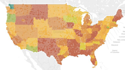 A map of the United States showing the percentage of people living in each state. The map is color-coded with different shades of orange representing different areas of the country. The majority of the states are in orange while the majority are in yellow. The colors range from light orange to dark orange with some areas in red and others in green. The map also shows the major cities and towns within each state including New York New Jersey Delaware Maryland and the District of Columbia. The states are labeled with their respective names such as "New York" "New Jersey" and "Maryland." The map also includes a legend that explains the different colors and symbols used to represent each state's population density.
