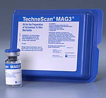 A blue plastic case with a label that reads "Technescan MAG3" and a small vial of the same product. The case appears to be made of plastic and has a handle on the top for easy carrying. The label on the case is white with black text and has the brand name "MAG3" written in bold letters at the top. Below the label there is a list of ingredients and instructions for use in the product. On the right side of the case there are two small vials of the product one with a blue cap and the other with a white cap. The vials appear to be filled with a clear liquid. The background is plain white.