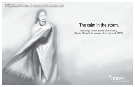 A black and white illustration of a woman wrapped in a white blanket. The woman is standing in the center of the image with her arms stretched out to the sides and her head tilted slightly to the side. She has long blonde hair and is looking off into the distance with a peaceful expression on her face. The background is blurred but it appears to be a cloudy sky. The image is accompanied by text that reads "The calm in the storm. Breakthrough pain took away her sense of security. Help give it back with the reassuring relief of early onset mentor."