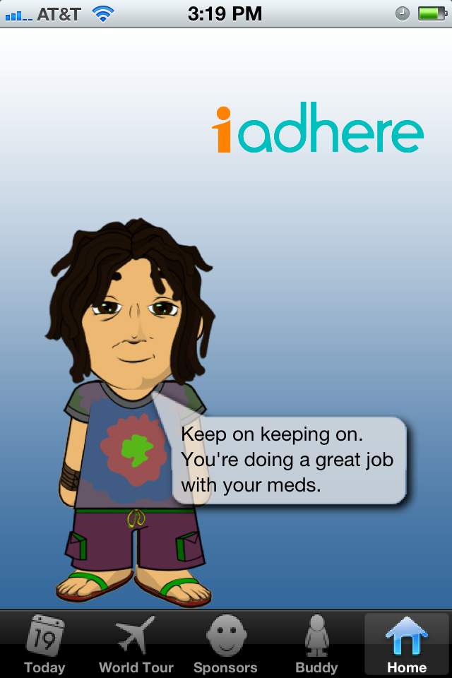 A screenshot of a mobile phone screen with the text "iadhere" at the top. Below the text there is a cartoon illustration of a young boy with curly hair and a big smile on his face. He is wearing a purple t-shirt with a green flower on it and purple pants. The text above the illustration reads "Keep on keeping on. You're doing a great job with your meds." Below the illustration there are three icons - "Today" "World Tour" "Sponsors" "Buddy" and "Home". The background of the screen is white.