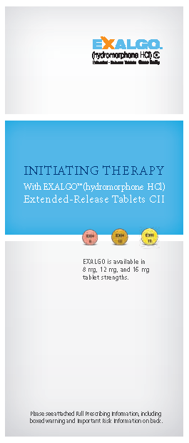 A cover page of a brochure or flyer for a drug called Exalgo. The background of the page is white and the text is in black. The title of the brochure is "Initiating Therapy" and it mentions that the drug is available in extended-release tablets CII. Below the title there is a description of the product which states that it is 8 mg 12 mg and 16 mg tablet strengths. <br /><br />On the right side of the image there are three yellow pills each with a different color - pink orange and yellow. The pills are arranged in a horizontal line with the pink pill on the left the orange pill in the middle and the yellow pill at the bottom. The text is written in a modern sans-serif font and is centered on the page.