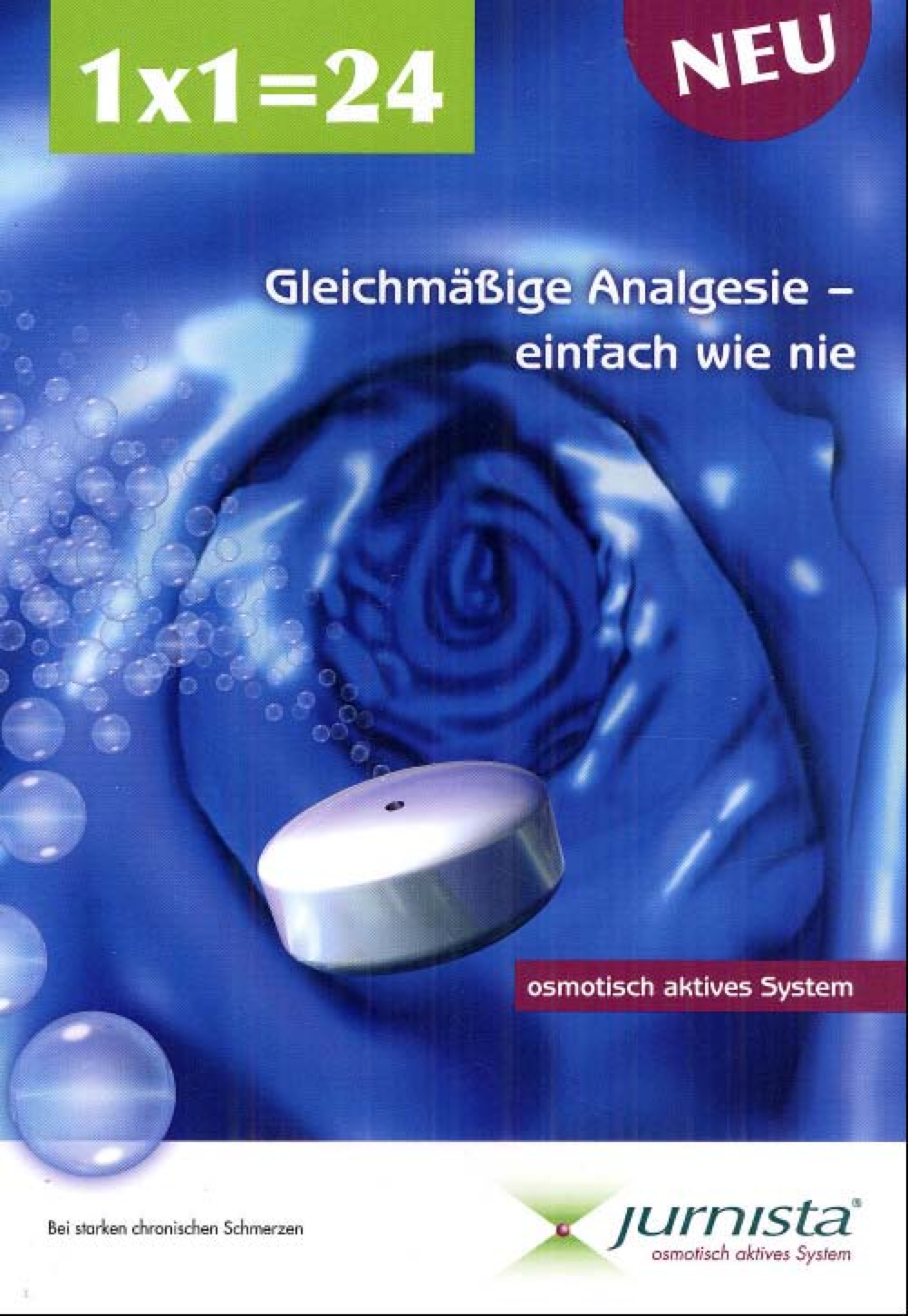 A cover of a book titled "GleichmÃ¤ÃŸige Analgesie - einfach wie nie" which translates to "New 1x1=24" in English. The cover has a blue background with a white rose in the center. The rose is surrounded by bubbles giving the impression that it is floating in the air. On the right side of the cover there is a small white object which appears to be a device used to measure the thickness of the rose. The text on the cover is written in white and red with the brand name "Jurnista" written in smaller white letters at the bottom.