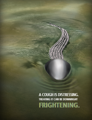 A digital illustration of a snake coiled around a silver ball in the middle of a body of water. The snake appears to be in motion with its body curling around the ball. The water is a deep green color and the background is a lighter shade of green. The text on the image reads "A cough is distressing. Treating it can be downright frightening." The overall mood of the image is dark and ominous conveying a sense of fear and uncertainty.