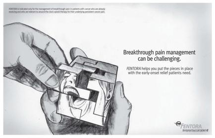 A black and white illustration of a hand holding a piece of paper with a face drawn on it. The face appears to be a person's mouth with their eyes closed and their mouth slightly open. The hand is holding the paper with both hands as if they are about to take a bite out of it. On the right side of the image there is text that reads "Breakthrough pain management can be challenging. mentor helps you put the pieces in place with the early-onset relief patients need." The text is written in a bold sans-serif font and is centered on the image.