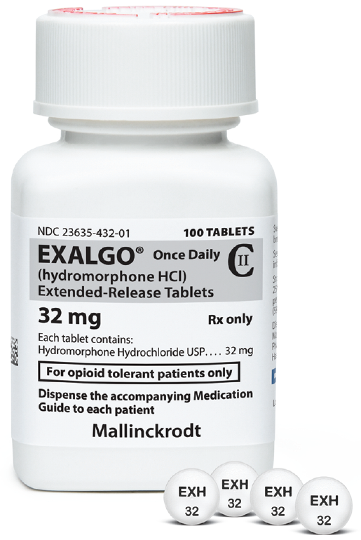 A photograph of a white medicine bottle with a red cap. The bottle is labeled "Exalgo Once Daily (Hydromorphone HCI) Extended-Release Tablets" and has a label that reads "32 mg". Below the label there is a description of the product which states that it contains 32 mg of hydrochloride and is available for opioid tolerant patients only. There are also three small white pills next to the bottle. The background is plain white.